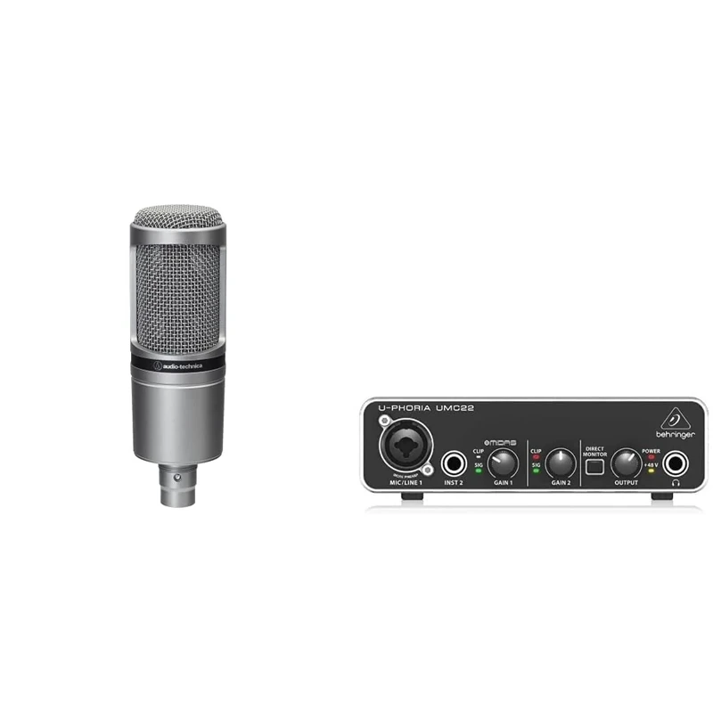 Audio-Technica AT2020 Cardioid Condenser Microphone (XLR connection) for voiceover, podcasting & Behringer U-PHORIA UMC22 Audiophile 2x2 USB Audio Interface with Midas Mic Preamplifier