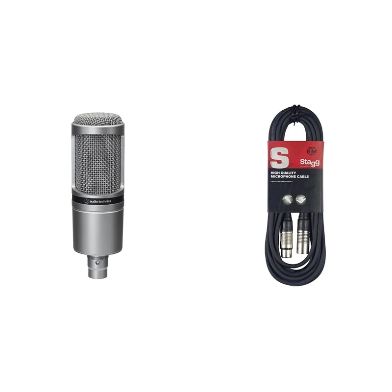 Audio-Technica AT2020GM Cardioid Condenser Microphone (XLR connection) for voiceover, podcasting, streaming and recording, Metallic & Stagg SMC6 6 metre standard microphone cable