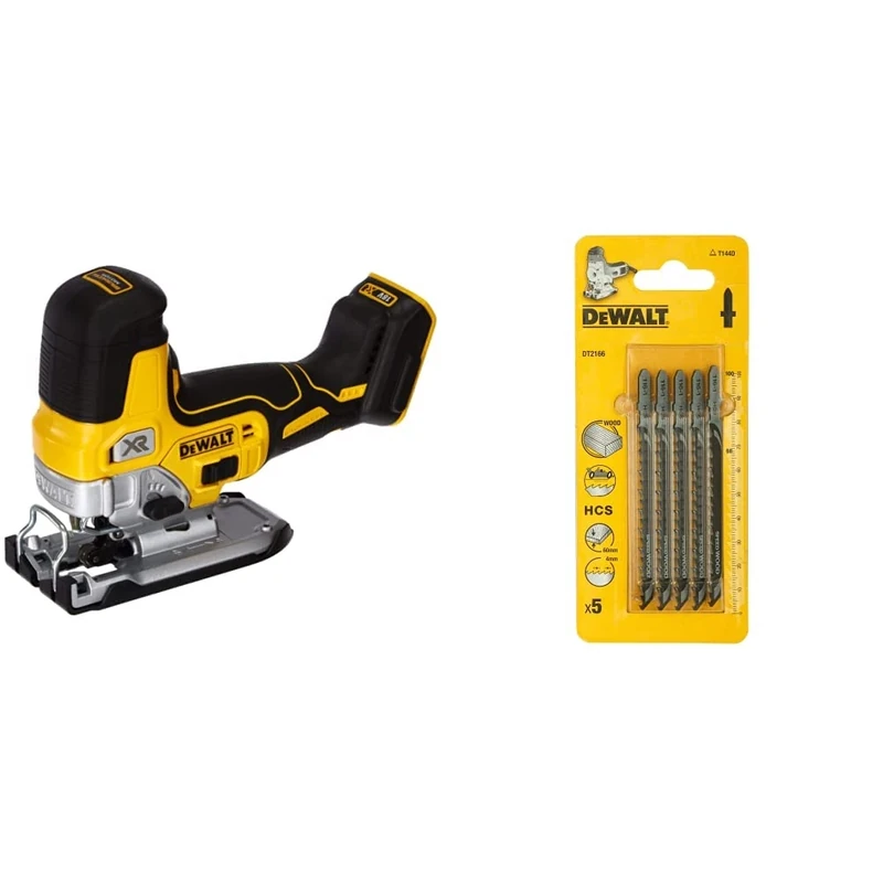 DeWalt DCS335N-XJ 18V XR Li-Ion Cordless Brushless Grip Jigsaw Body Only & DeWalt DT2166QZ Jigsaw Blades for Wood T-Shank HCS T144D