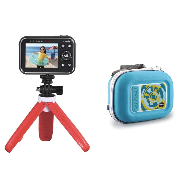 VTech KidiZoom Studio (Red), Video Camera for Children with Fun Games, from 5 Years + & Kidizoom Camera Case, Portable Hard Case, for Kids from 3, 4, 5+ Year Olds, Blue