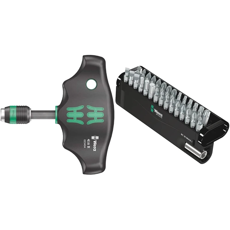 Wera 416 R T-Handle Bitholding Screwdriver Rapidaptor, 1/4" x 45 mm, 05023404001 & Bit-Check 30 Metal 1 General bit Set for Drill/Drivers, Metal Jointing, PZ,PH,Hex-Plus,TX 30 piece, 05057434001