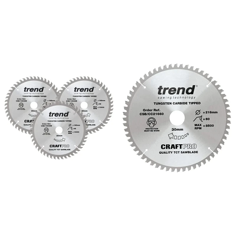 Trend CSB/165/3PK/A Craft Pro Triple Pack of TCT Blades, 165mm x 48 Teeth x 20mm Bore & CSB/CC21660 Craft Pro Negative Hook Crosscutting TCT Circular Blade, 216mm x 60 Teeth x 30 Bore