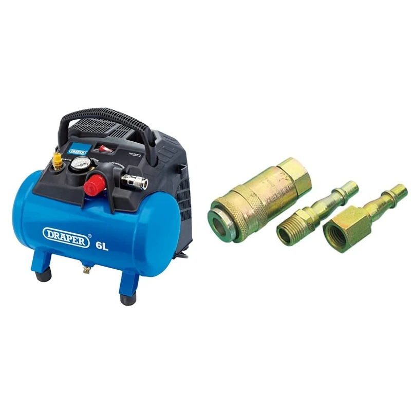 Draper 02115 6L Oil-Free Air Compressor (1.2kW) & 37844 Air Line Coupling Set, 1/4" BSP, 3 Pieces