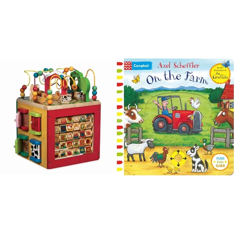 Battat – Wooden Activity Cube – Discover Farm Animals Activity Center for Kids 1 year + & On the Farm: A Push, Pull, Slide Book (Campbell Axel Scheffler, 8)