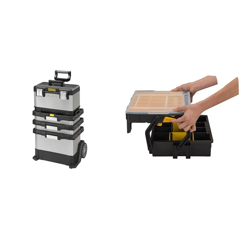 Stanley FATMAX Rolling Workshop Toolbox, Heavy Duty Metal Latch, 4 Level Workstation with Portable Tote Tray, 1-95-622 & Tools STST1-75540 Sort master, Multi-Level Organiser - 40 x 30 x 13.7 cm