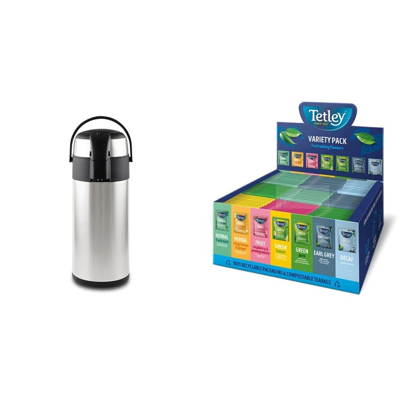 Pioneer Flasks SS50R Stainless Steel Airpot Hot Cold Water Tea Coffee Dispenser Conference Event Flask, Satin Finish, 5 L & Tetley Enveloped Variety Pack 90 Envelopes