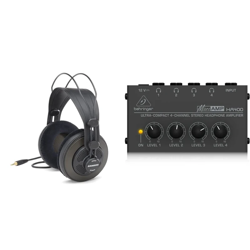 SAMSON SR850 Traditional Wired Headphones, Black m & Behringer MICROAMP HA400 Ultra-Compact 4 Channel Stereo Headphone Amplifier