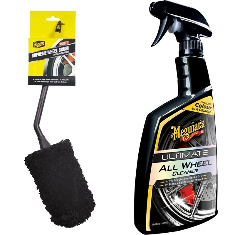Meguiar's X190700EU Supreme Microfibre Angled Wheel Cleaning Brush, Medium, Completely Safe Wheel Cleaning & G180124EU Ultimate All Wheel Cleaner Iron Remover 709ml, Changes colour as it cleans!