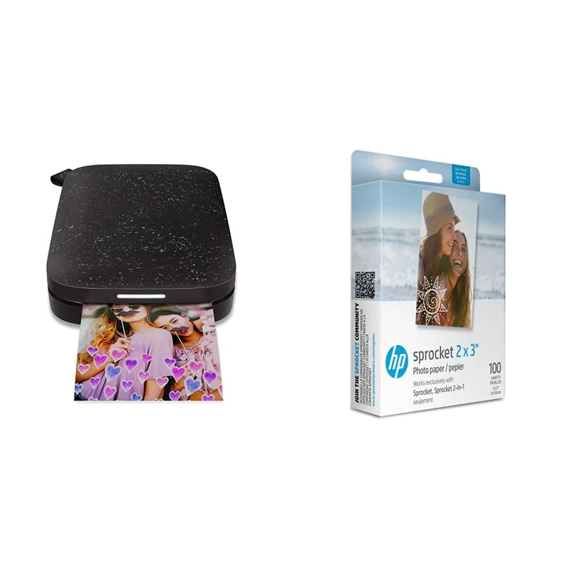 HP Sprocket Portable Photo Printer (Black Noirl) Instantly Prints ZINK 2x3 Sticky-Backed Photos from your iOS and Android Device & 1DE40A 2x3 Premium Zink Photo Paper (100 Sheets)
