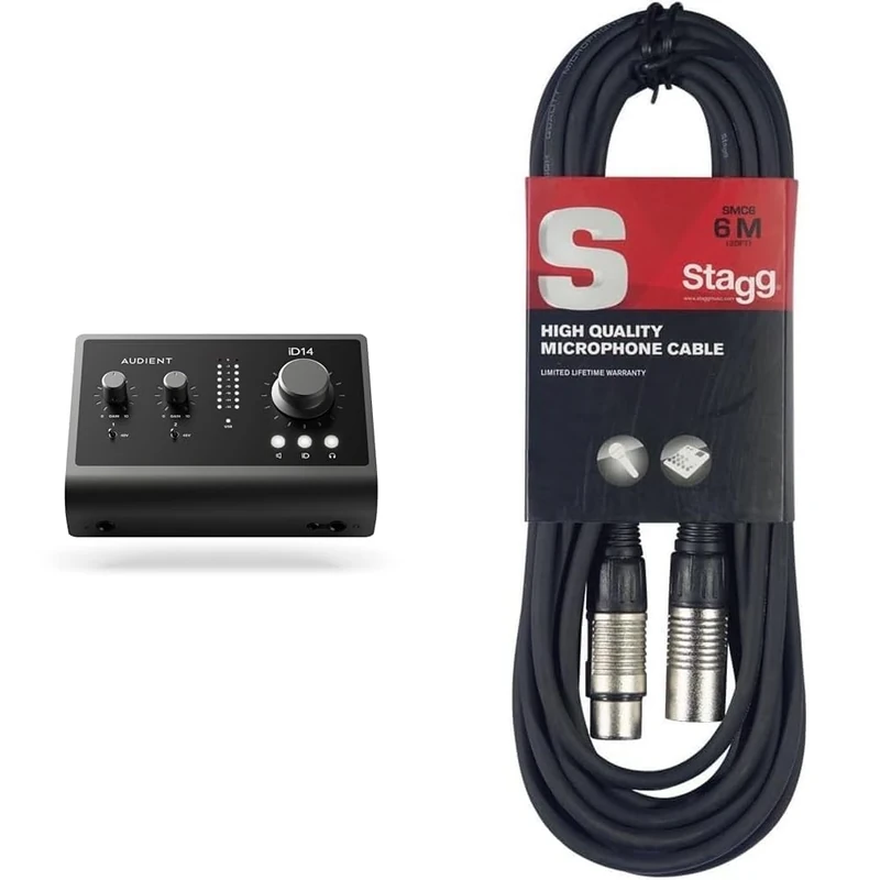 Audient Audio Interface iD14 MKII, 2 Class-A Microphone Preamps, Black & Stagg SMC6 6 metre standard microphone cable