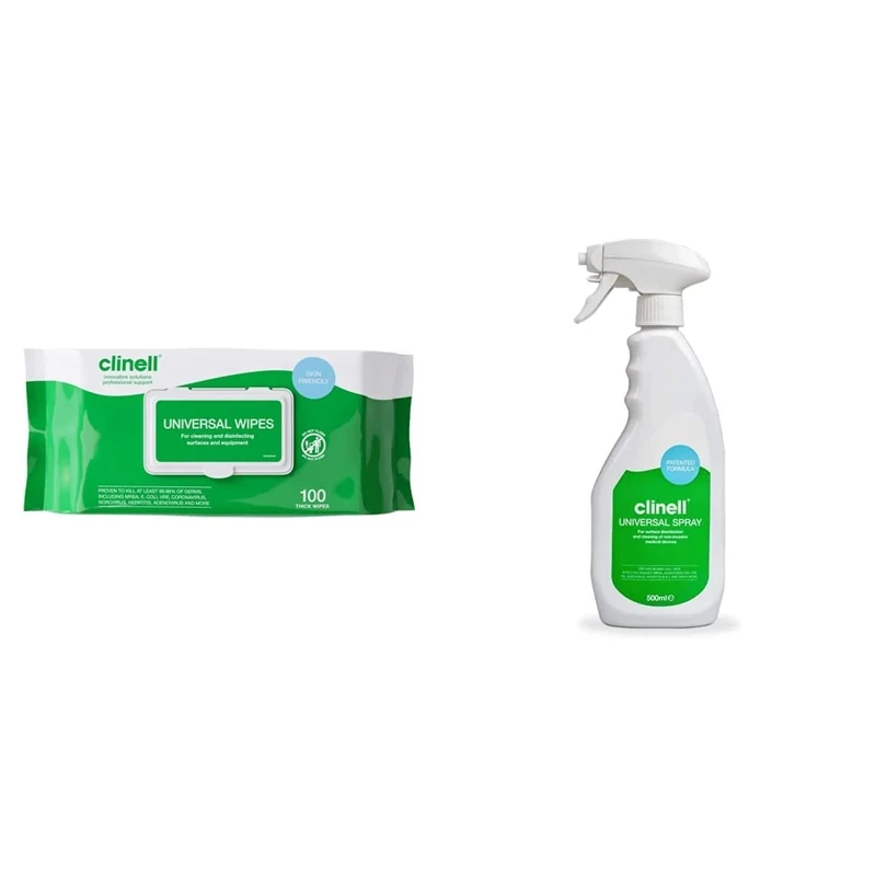 Clinell Universal Cleaning and Disinfectant Wipes for Surfaces (BCW100-1) - 6 Packs of 100 Extra Thick Heavy Duty Wipes, Effective from 10 Seconds & Universal Cleaning and Disinfectant Spray - 500 ml