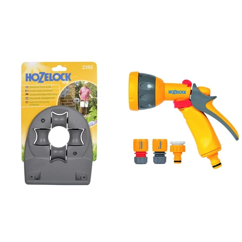 Hozelock 2392P0000 Universal Hose Guide & 2347 0000 Multi Spray Watering Gun Starter Set, 205.0 mm*230.0 mm*260.0 mm, Multicolour