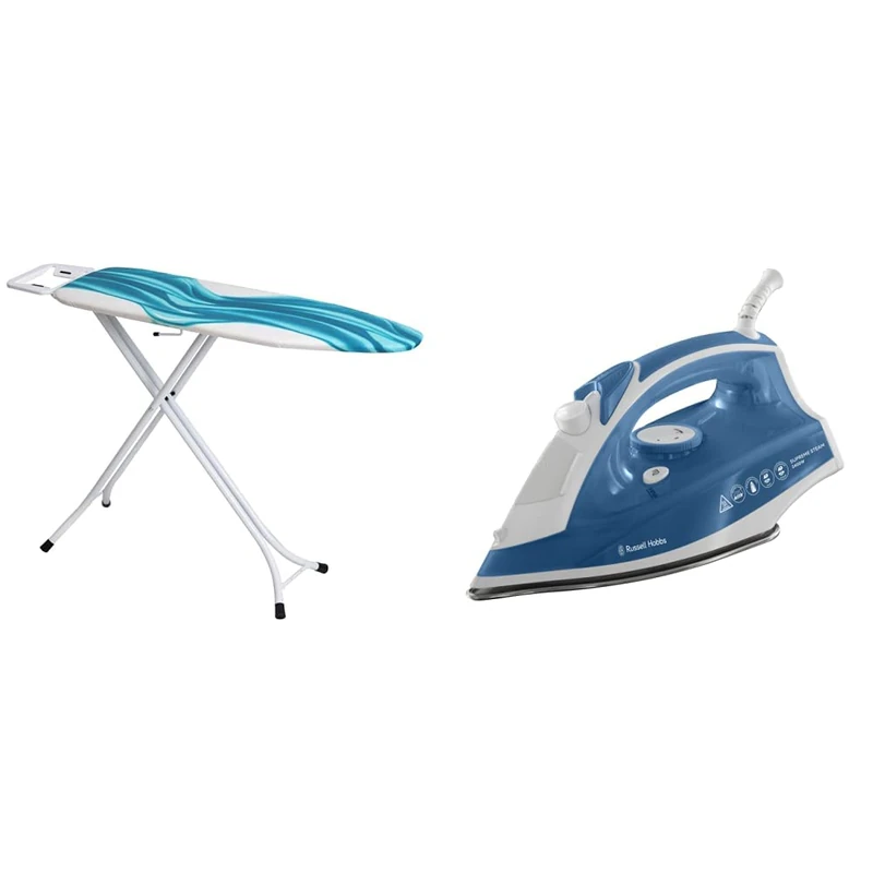 Mabel Home Adjustable Height, Deluxe, 4-Leg, Ironing Board, Extra Cover, Blue/White Patterned & Russell Hobbs Supreme Steam Traditional Iron 23061, 2400 W, White/Blue - Image 1