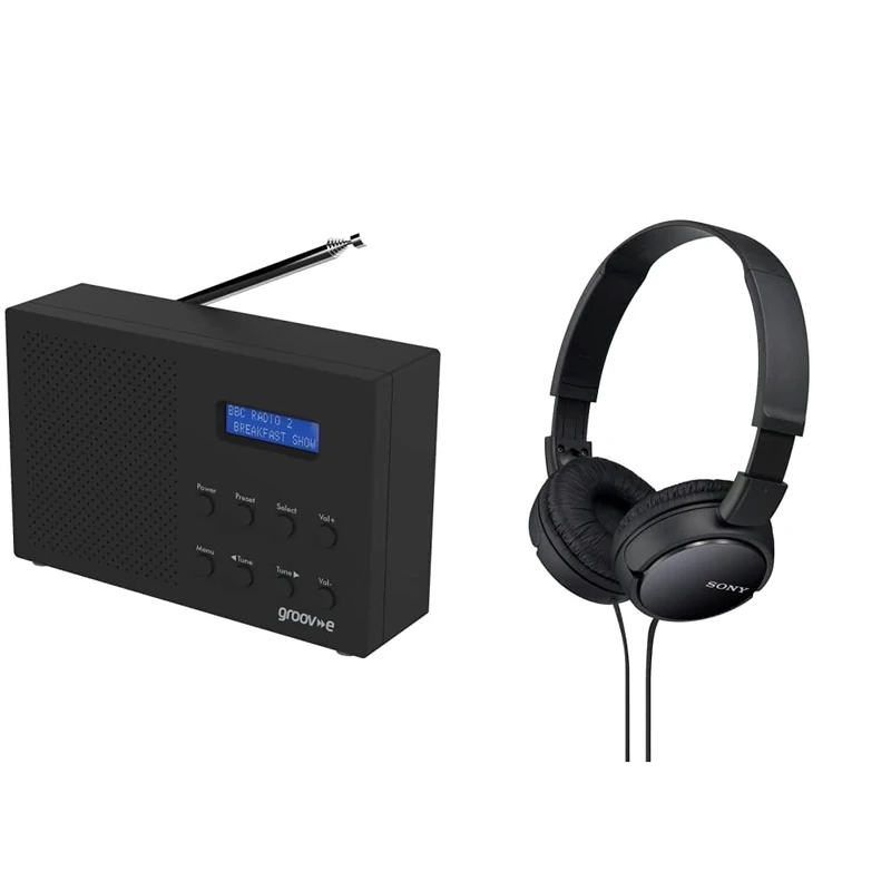 Groov-e GVDR03BK Paris Portable DAB/FB Digital Radio with 20 Preset Stations, LCD Display - Black, 9.0 cm*3.5 cm*19.0 cm & Sony MDR-ZX110 Overhead Headphones - Black
