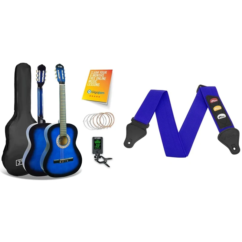 3rd Avenue 3/4 Size Kids Classical Guitar Spanish Nylon String Beginner Pack Bundle - 6 Months FREE Lessons, Bag, Strings – Blue & TIGER STP4-BL Guitar Strap with Plectrum Holders - Blue