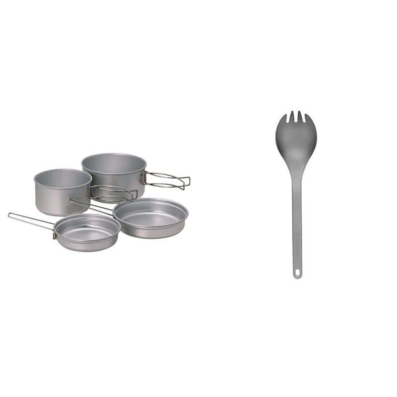 Snow Peak Multi Compact Cook Set, Japanese Titanium, Ultralight and Compact for Camping and Backpacking & SCT-004 Titanium Spork, Lightweight, Silver