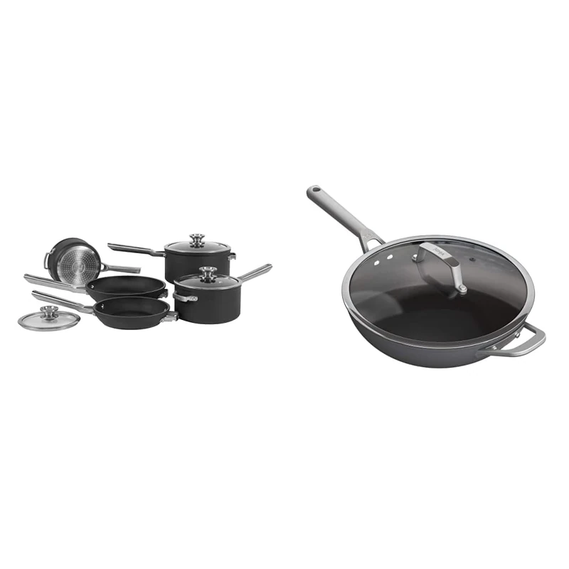 Ninja Foodi ZEROSTICK 5-Piece Pan Set, Stackable Hard Anodised Aluminium, [C55000UK] & Foodi ZEROSTICK 28cm Wok, Hard Anodised Aluminium, [C30928UK] Non-Stick, Induction Compatible