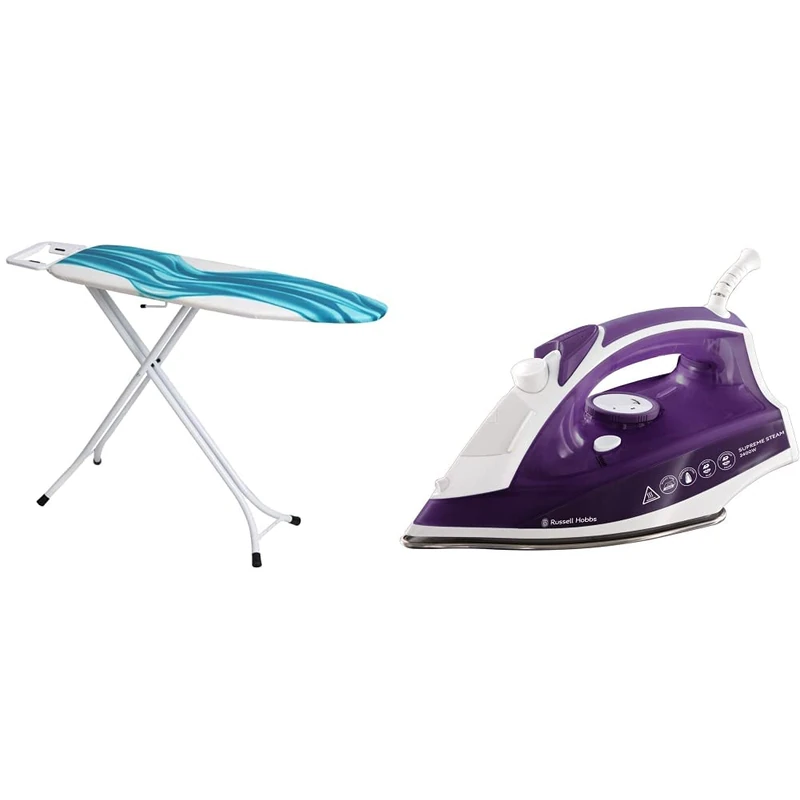 Mabel Home Adjustable Height, Deluxe, 4-Leg, Ironing Board, Extra Cover, Blue/White Patterned & Russell Hobbs Supreme Steam Traditional Iron 23060, 2400 W, Purple/White