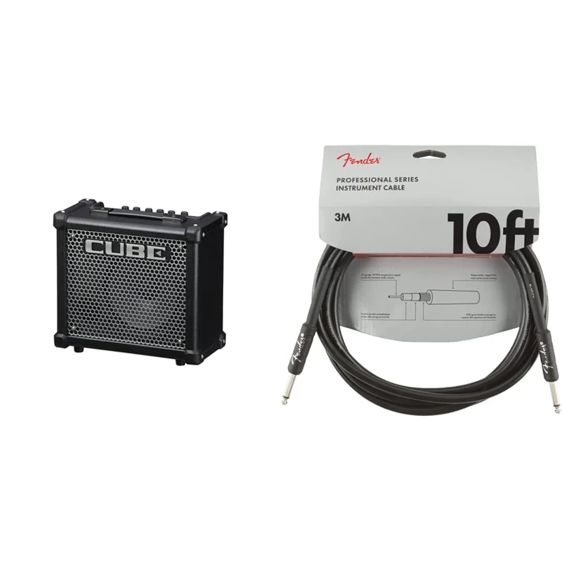 Roland Cube 10Gx Guitar Amplifier, Compact 10-Watt Guitar Amp with Custom-Designed 8-Inch Speaker & Fender 990820025 Professional Series Instrument Cable - 10 ft - STR/ANG - black, 3 metre