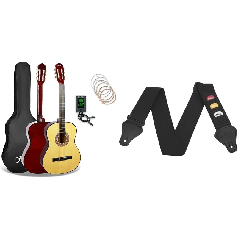 3rd Avenue 3/4 Size Kids Classical Guitar Spanish Nylon String Beginner Pack Bundle - 6 Months FREE Lessons, Bag, Strings – Natural & TIGER STP4-BK Guitar Strap with Plectrum Holders - Black