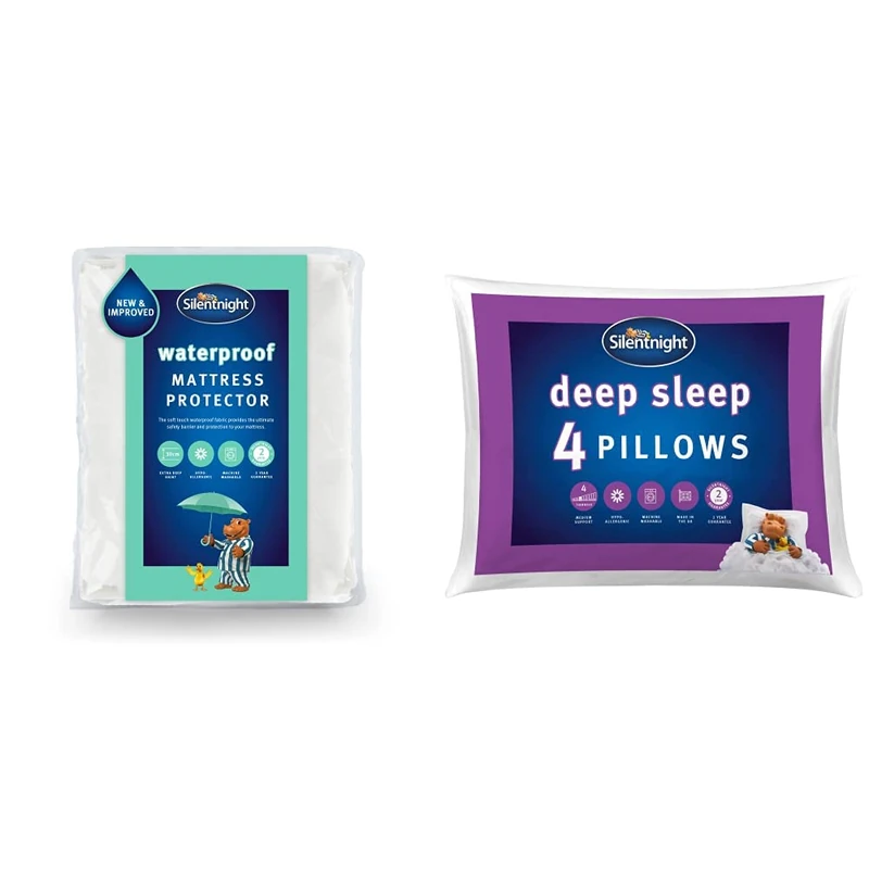 Silentnight New Waterproof Mattress Protector - Luxury Super Soft Pad Protect Your Bed Against Spillages & Deep Sleep Pillow Pack of 4 - Soft Hotel Bed Pillows 4 Pack