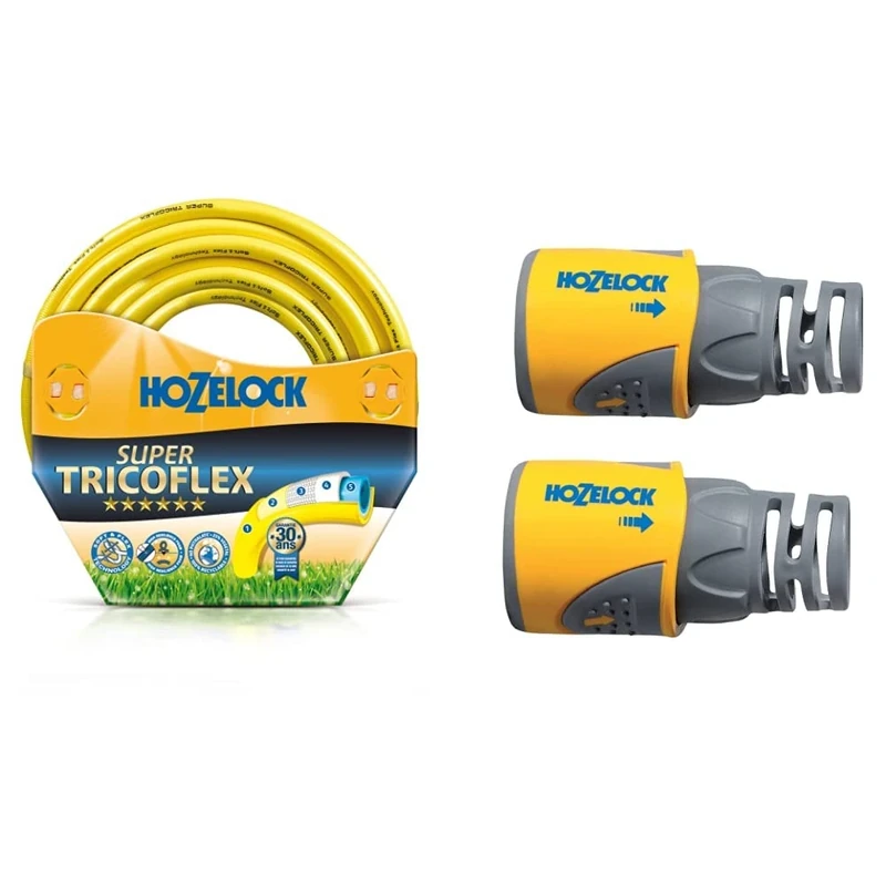 Hozelock Super Tricoflex 00110140 Ultimate Multi Garden Hose - Diameter 12.5 mm / Length 100 m & Hozelock HOZ2050AV Hose End Connector Plus (12.5mm & 15mm) Twin Pack