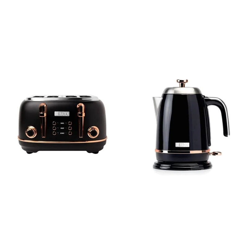 Haden Heritage Black & Copper Toaster - Electric Stainless-Steel Toaster - Four Slice,1370-1630W & Salcombe Cordless Kettle - Electric Fast Boil Kettle, 3000W, 1.7 litre, Black & Copper