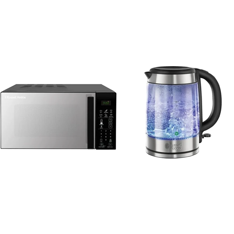 Russell Hobbs RHMT2004B 20L 800W Touch Control Digital Solo Microwave in Black, 8 Auto Cook Menus, Defrost Control, Clock & Timer & 21600-10 Illuminating Glass Kettle, Black, 1.7 Litre, 3000 Watt