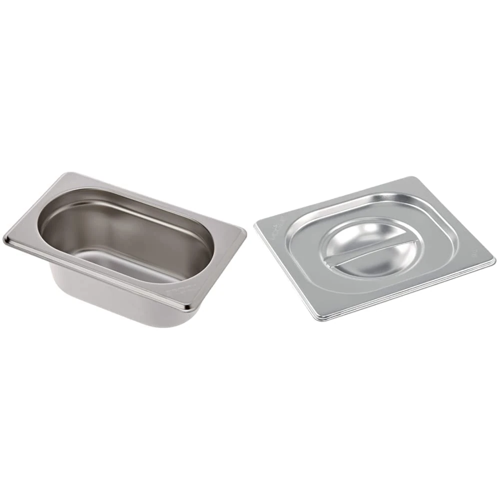 Vogue 12920 Stainless Steel 1/9 Gastronorm Pan 0.6Ltr/65mm Deep Food Container, Silver & K993 Stainless Steel Lid, GN 1/6