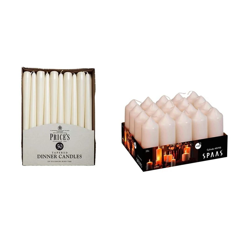Price's Candles - Tapered Dinner Candles - Pack of 50 - Ivory - Dripless - Unscented - 7 Hour Burn Time & Spaas Tray of 20 Unscented Pillar Candles 40/110 mm, 13 Hours, Ivory