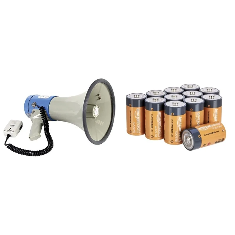 Velleman MP25SFM Power Megaphone, 25 W, Multi-Colour & Amazon Basics C Cell 1.5 Volt Everyday Alkaline Batteries - Pack of 12 (Appearance may vary)