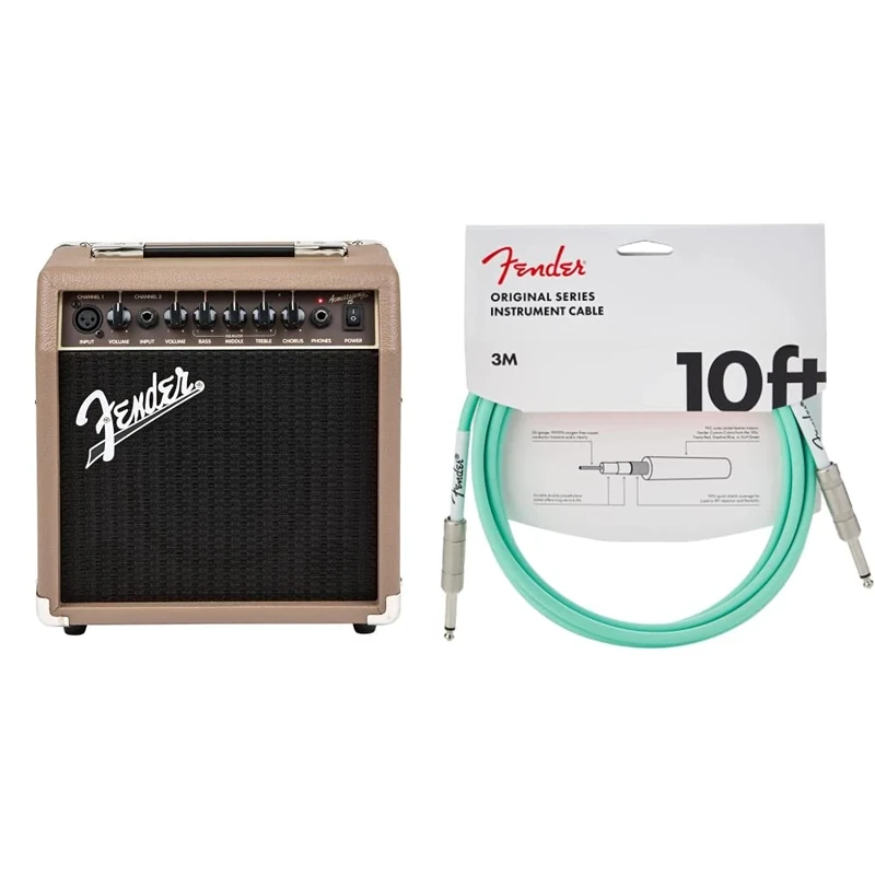 Fender Acoustasonic 15 Acoustic Guitar Amplifier & 990510058 Original Series Instrument Cable - 10 ft – STR/STR – Surf Green, 3 Metre