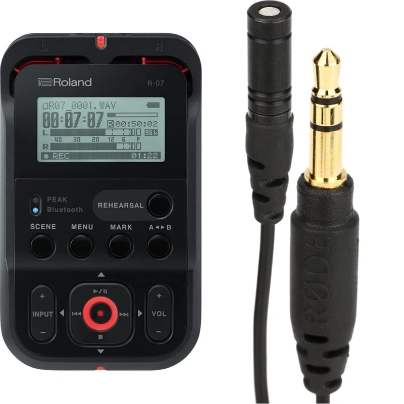 Roland R-07 High-Resolution Portable Audio Recorder, Ultra-Portable Recorder, Black & RØDE Lavalier GO Professional Lavalier/Lapel Microphone for Broadcast, Filmmaking – Black