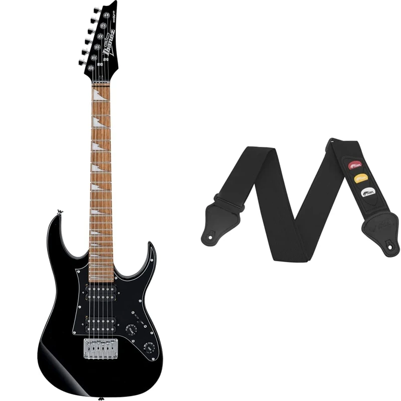 GIO Series Mikro 3/4-Size Electric Guitar - Black Night & TIGER STP4-BK Guitar Strap with Plectrum Holders - Black