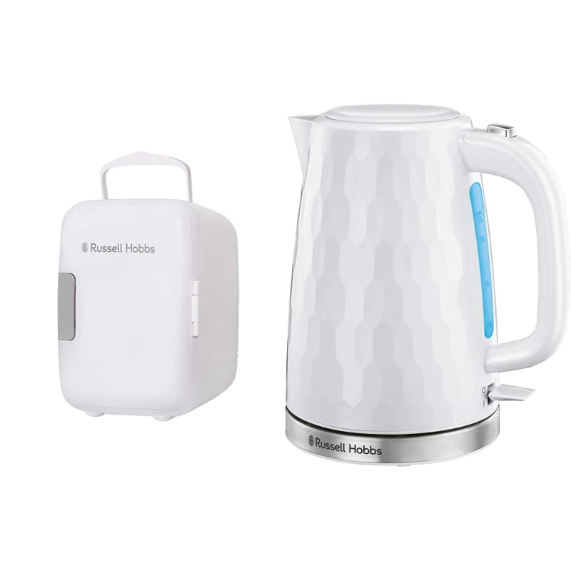 Russell Hobbs Mini Fridge RH4CLR1001 4L/6 Can Portable Mini Cooler & Warmer for Drinks, AC/DC Power, Retro Style, White & 26050 Cordless Electric Kettle, 1.7 Litre, 3000 W, White