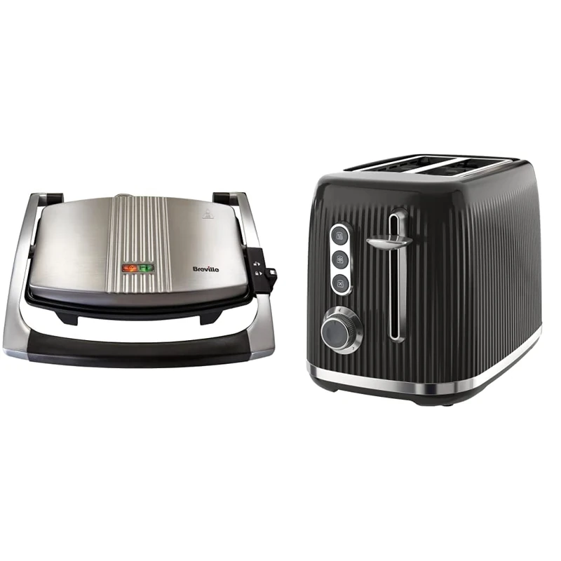 Breville Sandwich/Panini Press & Toastie Maker | 3-Slice | Non-stick-coated aluminium plates [VST025] & Bold Black 2-Slice Toaster with High-Lift and Wide Slots | Black and Silver Chrome [VTR001]