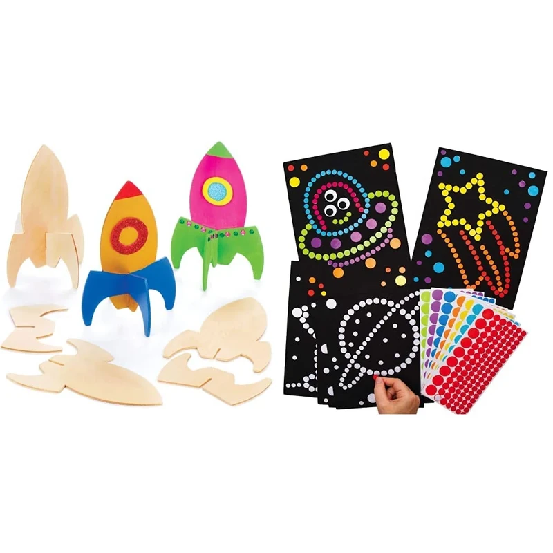 Baker Ross AV396 Wooden Rocket Stand up Kits (Pack of 6) for Kids to Decorate and Display & AX175 Solar System Sticker Art for Kids - Pack of 8, Dotty Picture Kits