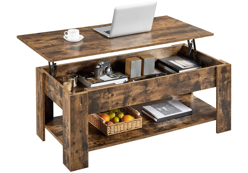 Yaheetech Lift Up Coffee Table, Wooden Lifting Coffee Table with Hidden Storage Drawer and Open Shelf, Space-saving Tea Tables for Living Room/Reception, Rustic Brown, 120x60x(49-63.5) cm
