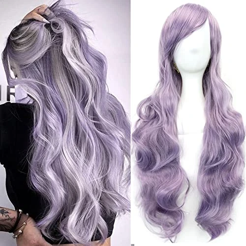 colorful panda 32Inch/80cm Women Side Bangs Long Curly Full Hair Wig for Women Anime Cosplay Halloween Costume Party,Grey Purple
