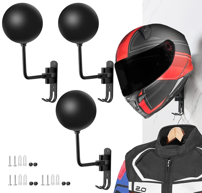 SANGMO 3 Pack 180 Rotation Metal Helmet Holder Wall Mount with 2 Hooks - Bike Coats, Caps, Baseballs & Rugby HelmetHolder