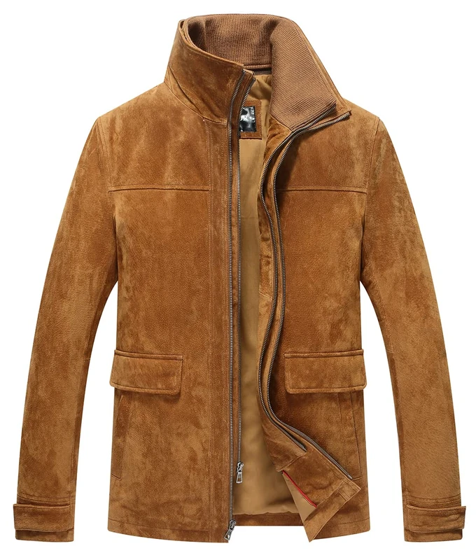 FLAVOR Men's Classic Leather Jacket Suede Winter Coat with Removable Collar, Brown, M