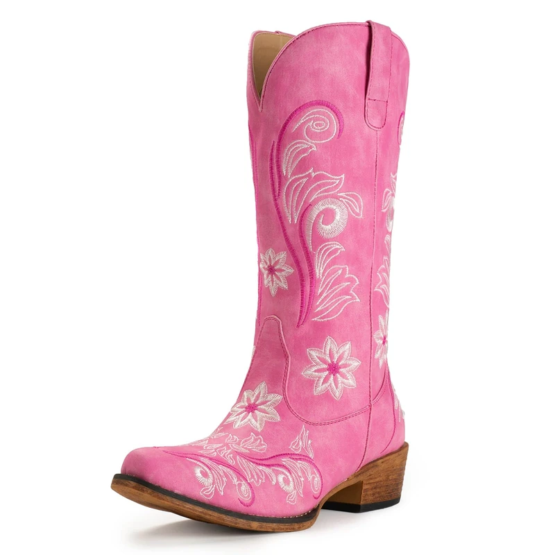 IUV Cowboy Boots For Women Pointy Toe Women's Western Boots Cowgirl Boots Mid Calf Boots, Pink, 6 UK - Image 1