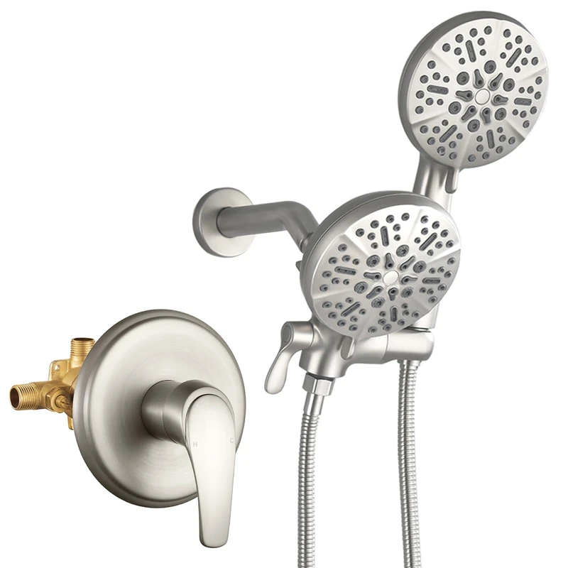 Dual Shower Faucet Set with High Pressure Valve Dual 2 in 1 Shower Set Combo Shower System with 3 Way Shower Head Water Diverter Shower Trim Kit Brushed Nickel