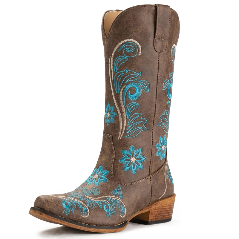 Cowboy Boots For Women Pointy Toe Women's Western Boots Cowgirl Boots Mid Calf Boots, Beige, 6 UK