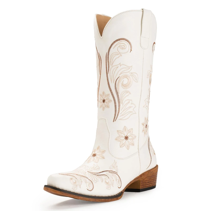 IUV Cowboy Boots For Women Mid Calf Western Boots Cowgirl Pull-On Tabs Pointy Toe Boot, White, 9.5 - Image 1