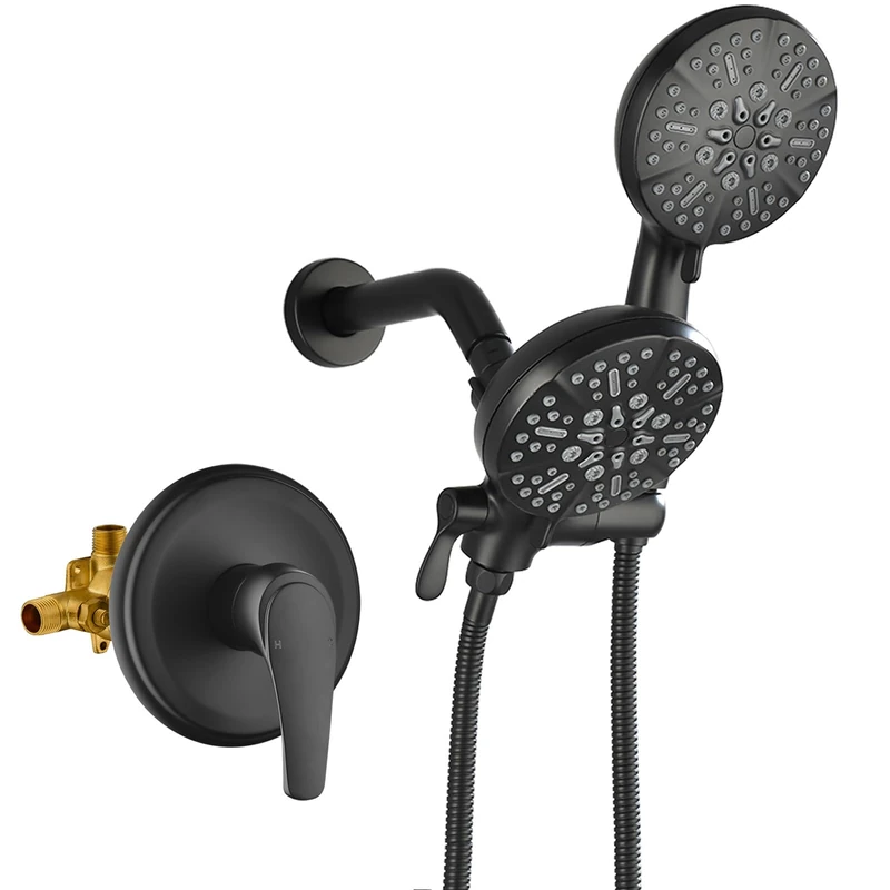 Dual Shower Fitting Set, High Pressure Dual 2-in-1 Shower Combo Set, Shower System with Hand Shower, 3-Way Water Diverter Shower Trim Kit, Matte Black