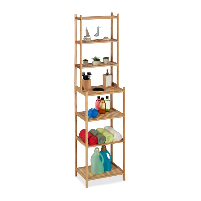 Relaxdays Bathroom Shelf, HxWxD 180 x 44 x 33 cm, 7 Shelves, Standing for Kitchen, Bamboo
