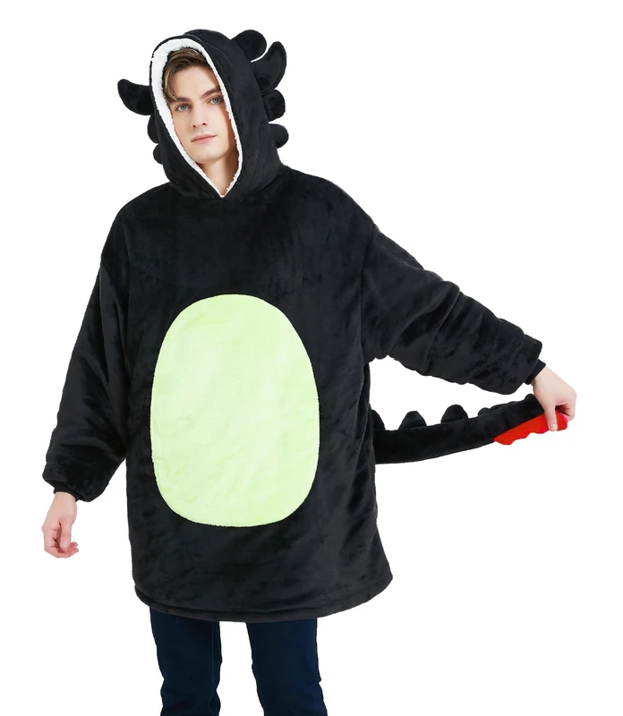 dressfan Unisex Dragon Costume Hoodie Sweatshirt Oversized Microfiber & Sherpa Warm Cozy with Giant Pocket,One Size Fits All, Black, One Size