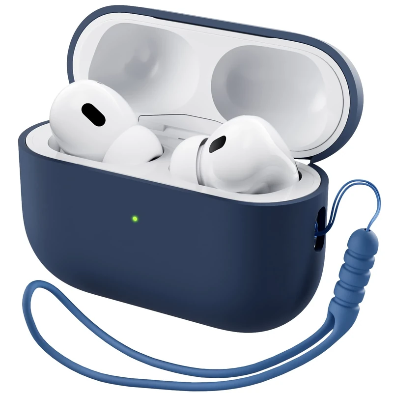 ORNARTO Compatible with Airpods Pro 2 Case (2022), Protective Liquid Silicone Case Cover for Airpods Pro 2nd Generation with Lanyard Soft Skin Front LED Visible-Storm Blue