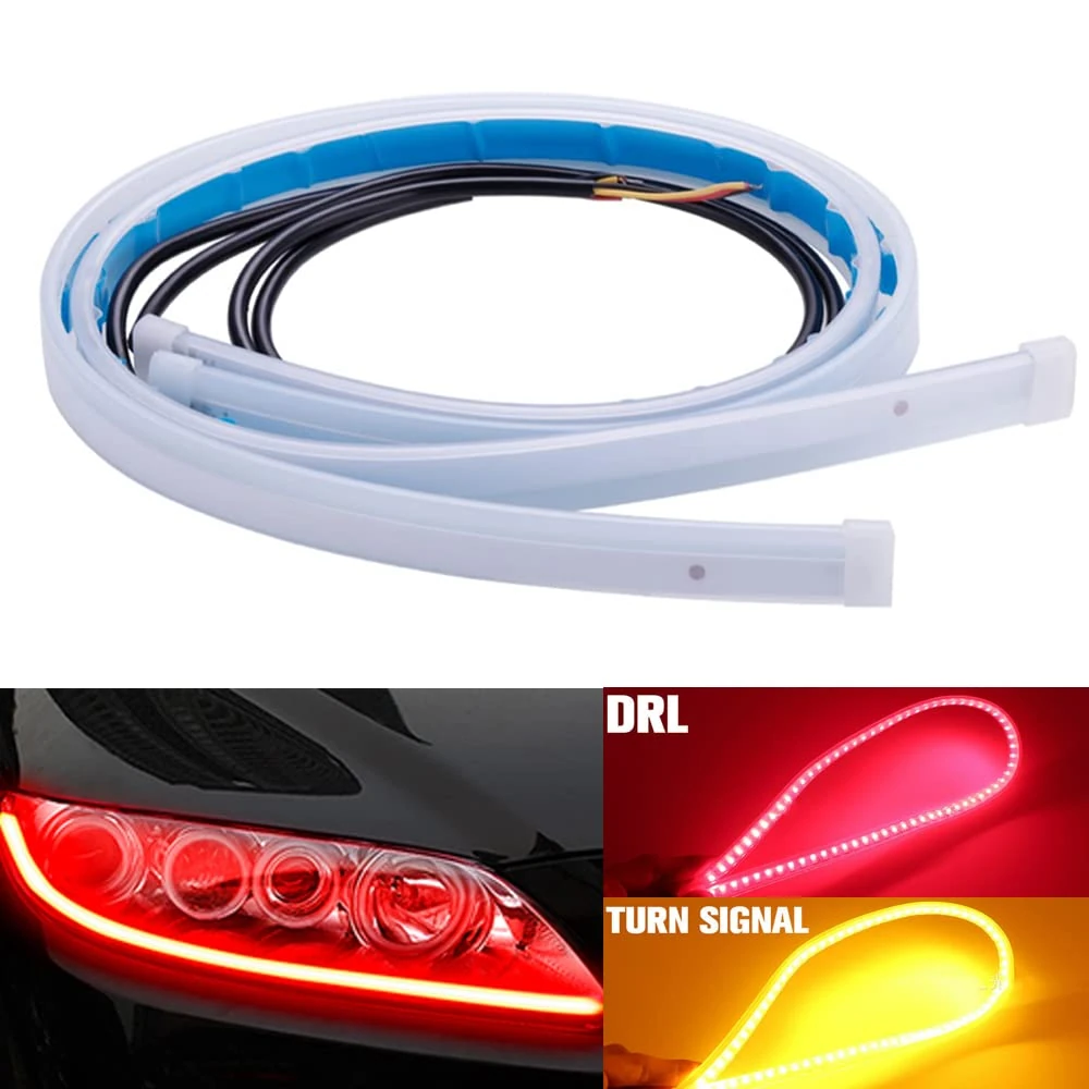 Qasim 60cm 24inch Red+Yellow LED Daytime Running Lights Auto Flowing Sequential Turn Signal Guide Strip Headlight Assembly Car Motorcycle Accessories 2-Pack